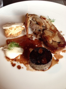 Suckling Pig with Cauliflower, Truffle, and Homemade Black Pudding.